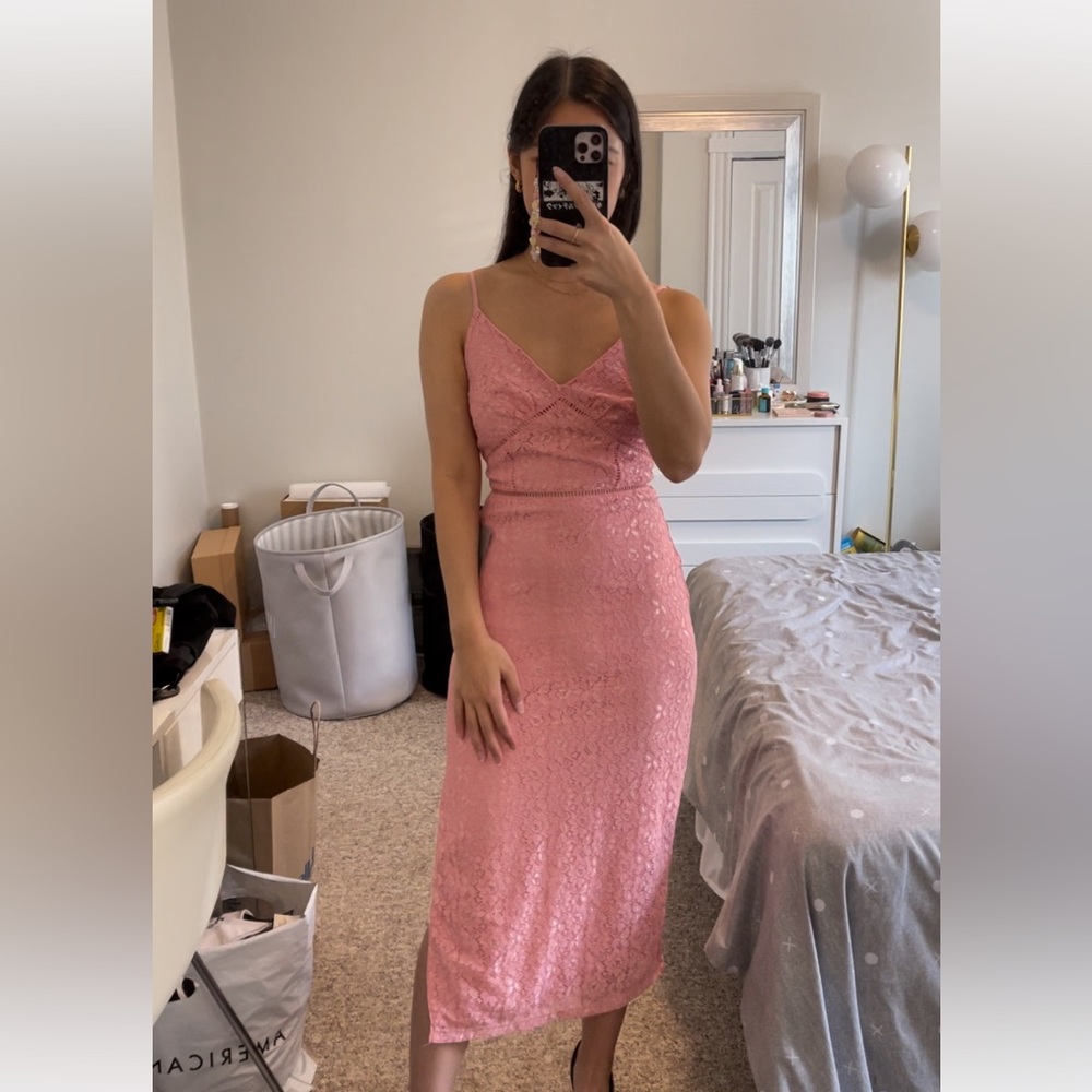 Bardot pink lace spaghetti strap midi dress